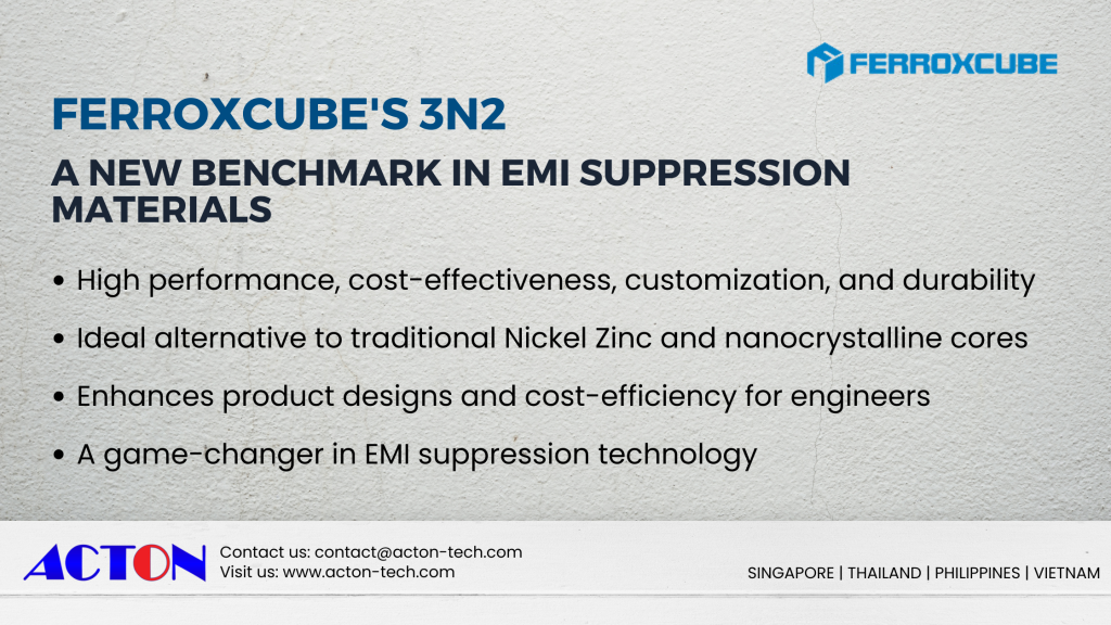 3N2 from Ferroxcube sets a new standard for EMI suppression materials. With its combination of high performance, low cost, customization options and durability, 3N2 proves a compelling replacement for traditional Nickel Zinc and nanocrystalline cores in a wide range of applications. 3N2 allows engineers to improve product designs while reducing costs, making it a game-changing material for EMI suppression
