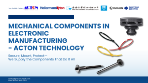 Banner featuring OEM-grade mechanical components—cable ties, PCB standoffs, fasteners, and heat-shrink tubing—from HellermannTyton, Kang Yang, Kuolien, Penn Engineering, and Sumitomo Electric, highlighting Acton Technology’s role as a one-stop, authorized distributor.